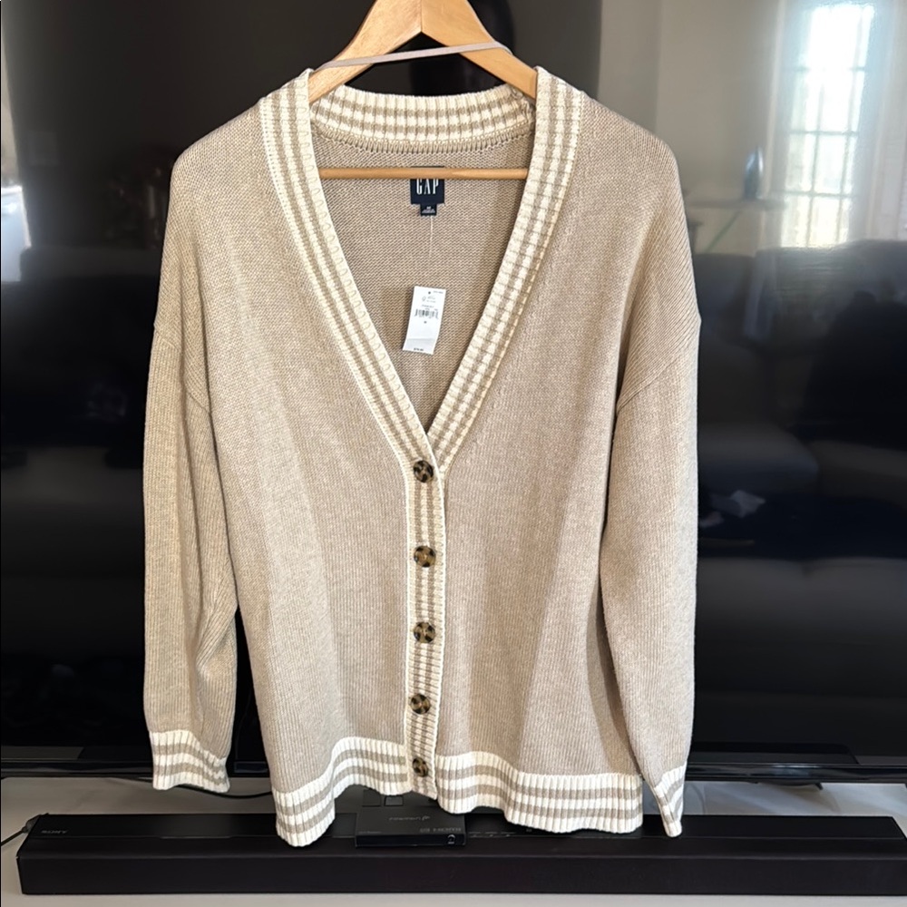 GAP Beige Cardigan with Striped Trim